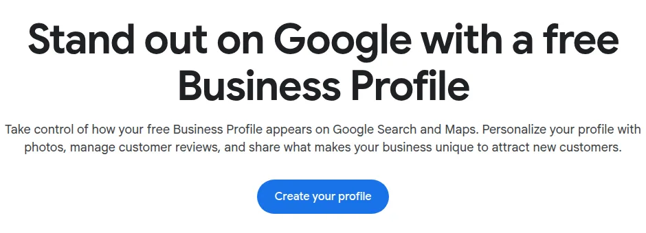 Screenshot of the official Google Business Profile page — Stand out on Google with a free Business Profile