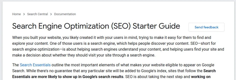 Screenshot of Google's SEO Starter Guide — the basics of helping search engines understand your content