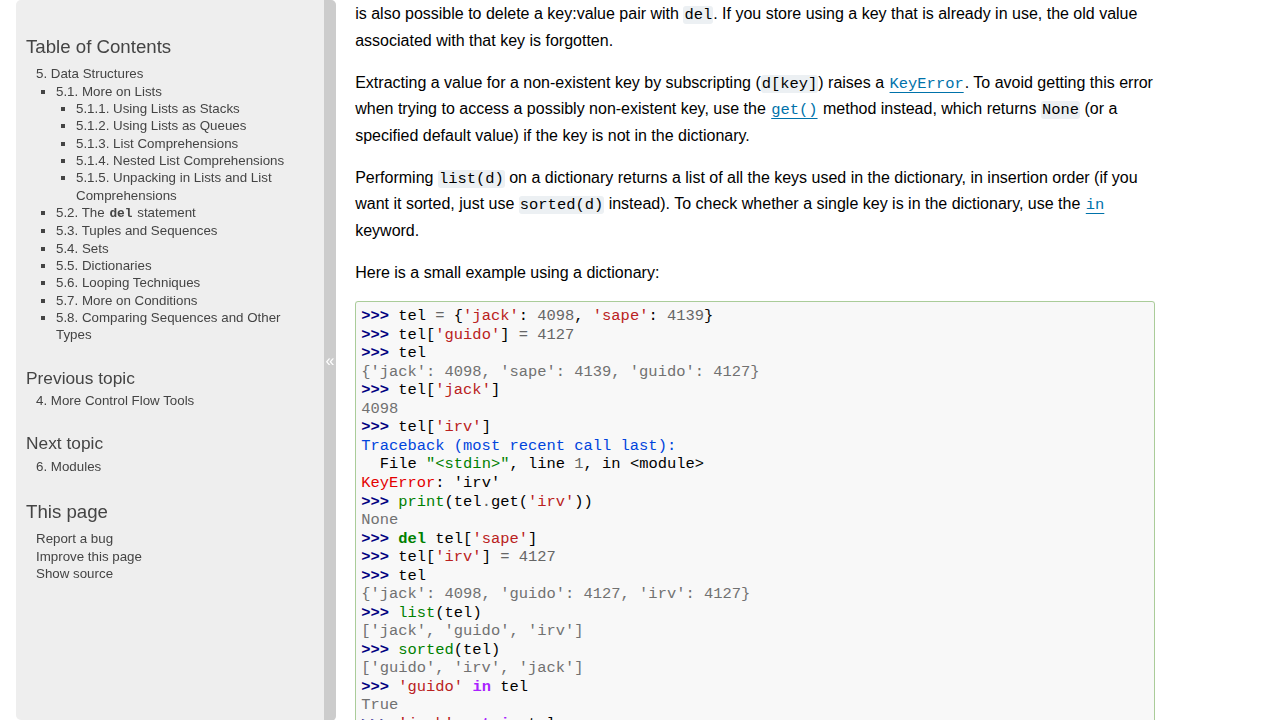 Python documentation dictionary example showing key-value pairs in the interactive shell