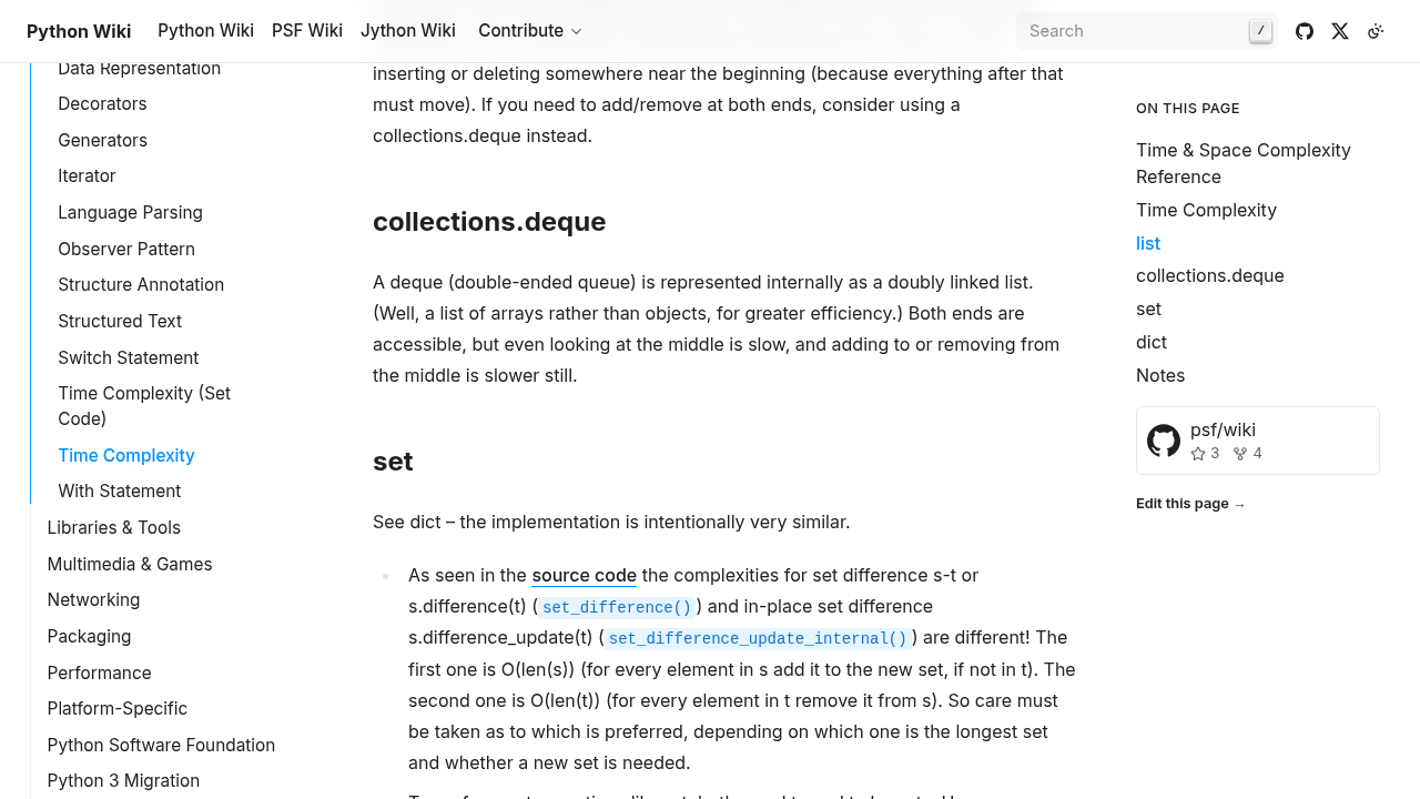 Python wiki time complexity page documenting how fast operations are on deque and set collections