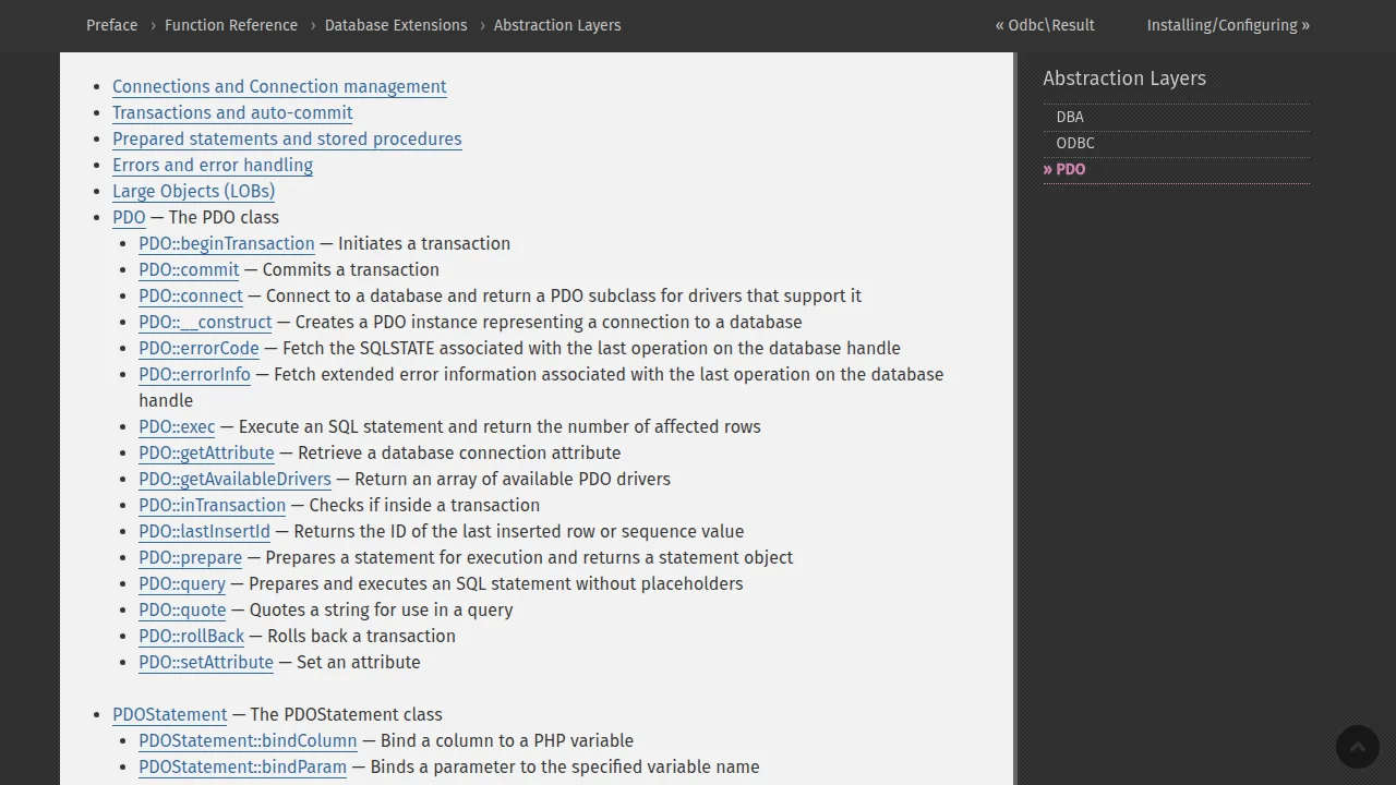 Real screenshot of the official PHP manual PDO book page