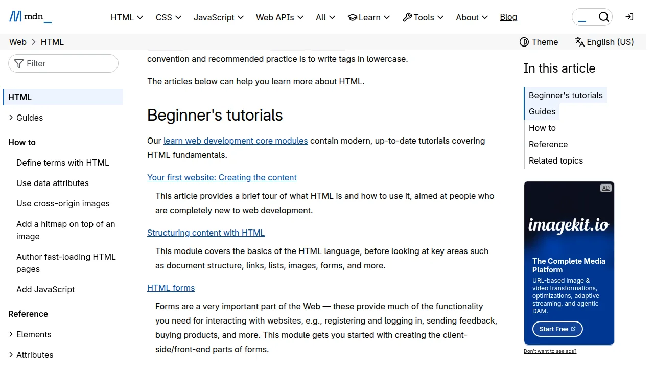 Real screenshot of the official MDN HTML documentation page