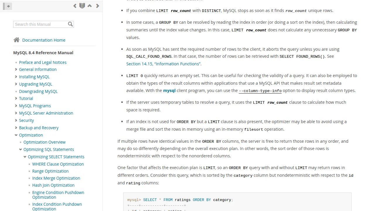Real screenshot of the MySQL documentation LIMIT query page