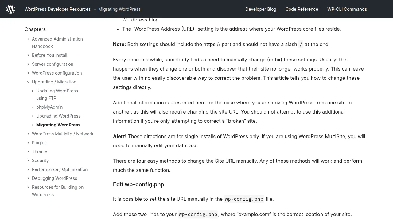Real screenshot of the official WordPress.org Moving WordPress documentation page