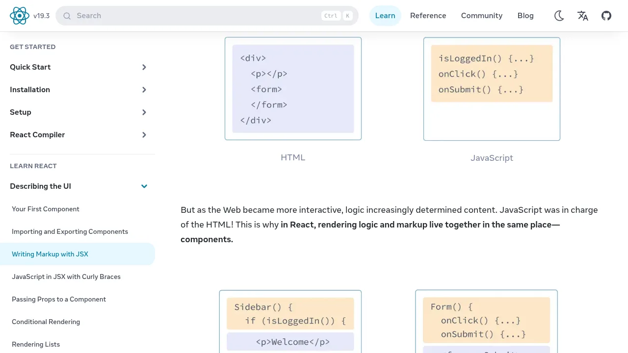 React documentation page Writing Markup with JSX on react.dev