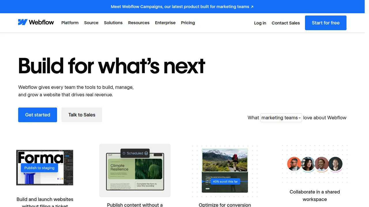 Webflow official homepage showing the Pricing link in the main menu