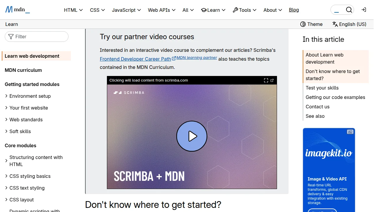 MDN Learn web development page covering the core frontend topics HTML, CSS and JavaScript