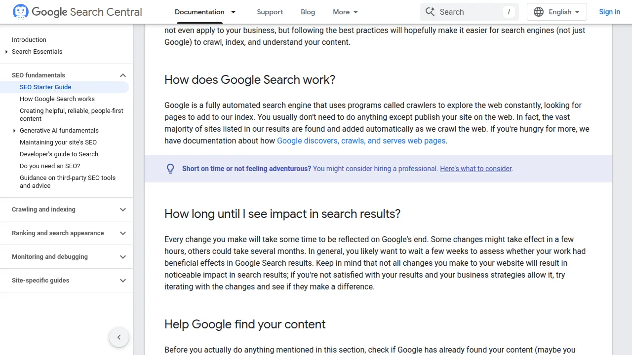 Google SEO Starter Guide page on Google Search Central explaining how search engines understand and rank helpful content