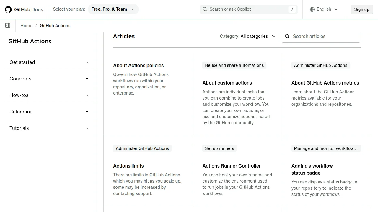 GitHub Actions documentation page — a popular tool for running CI/CD pipelines