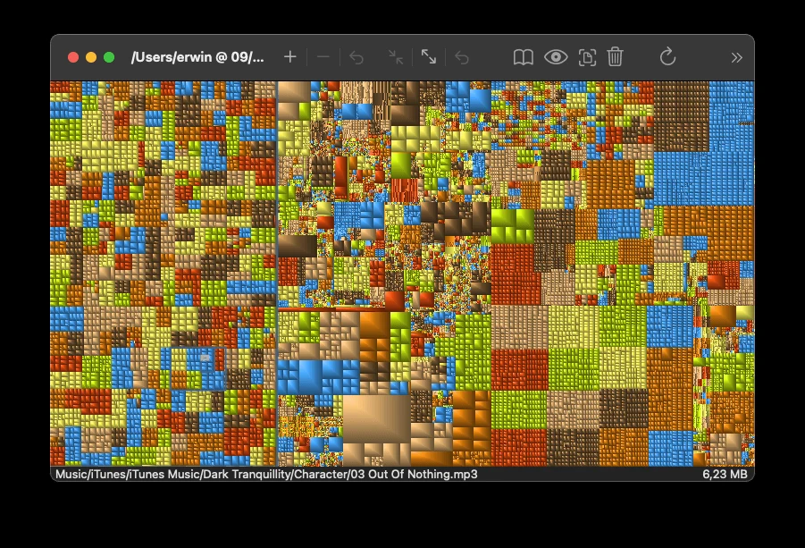 GrandPerspective treemap scan of a Mac drive, showing files as coloured rectangles sized by how much storage they use