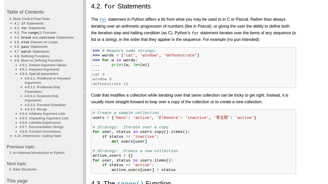 Python documentation control flow page covering for loops, range and while loops