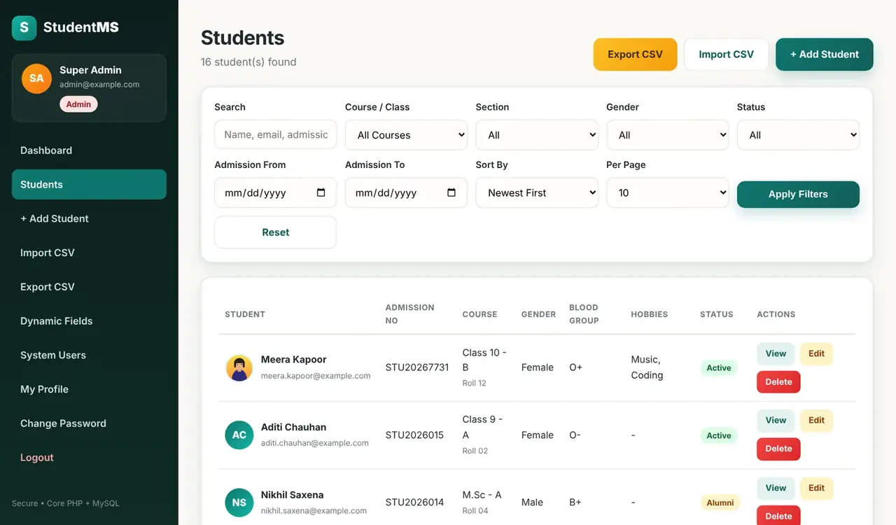|Students list with keyword search, course, section, gender, status and date filters