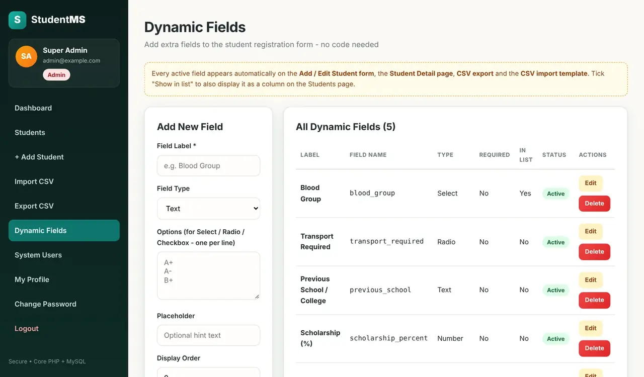|Dynamic Fields admin page with the add field form and the list of custom fields
