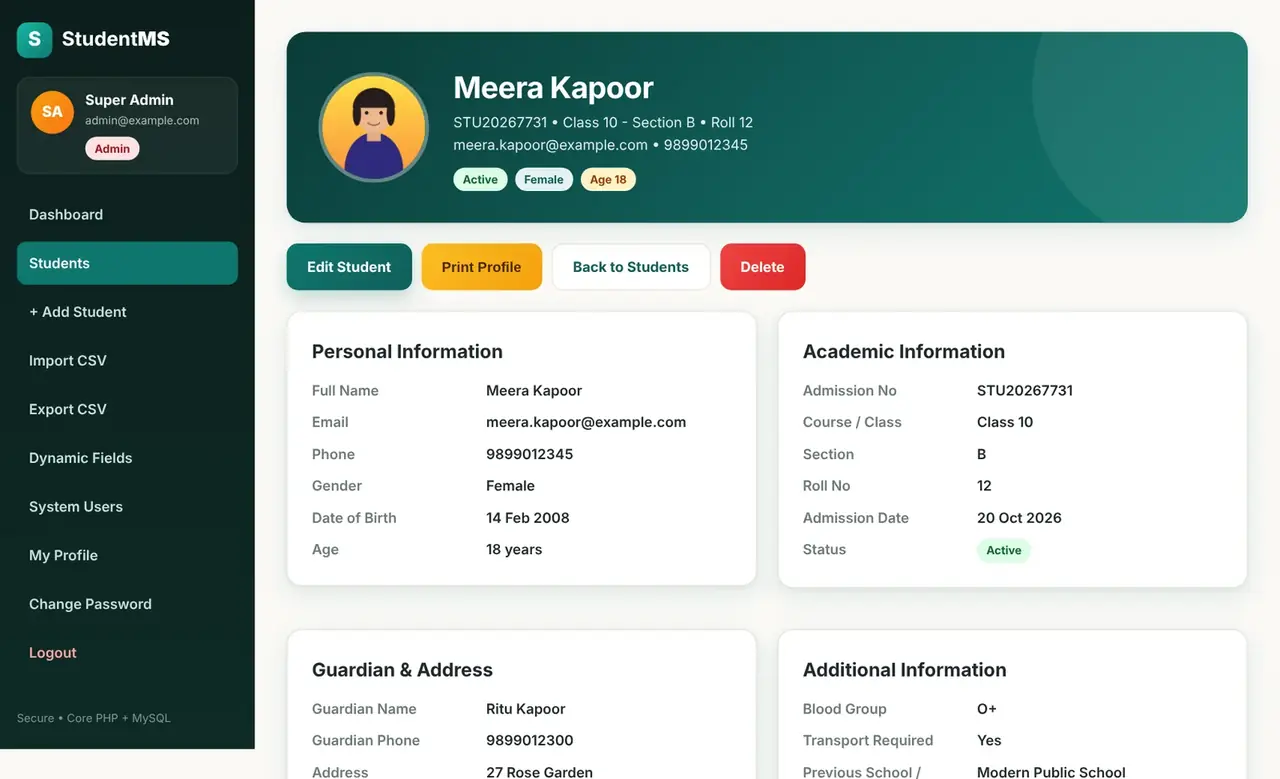 |Student profile page with photo, badges and personal and academic information