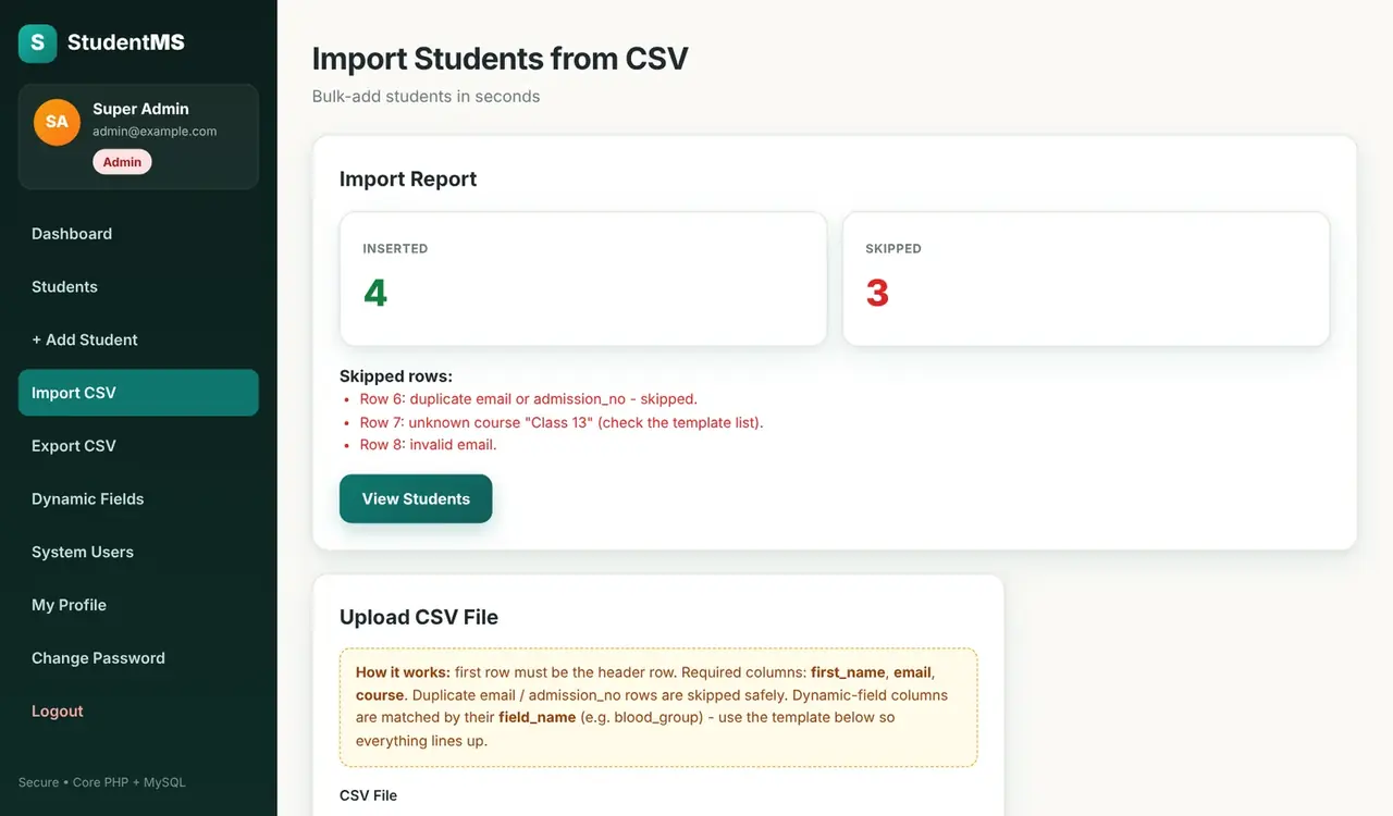 |CSV import report showing 4 inserted and 3 skipped rows with the reason for each