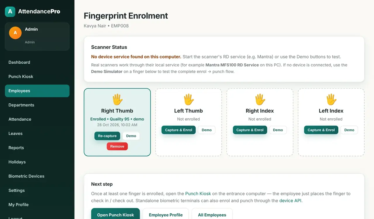|Fingerprint enrolment page with right thumb enrolled and three other finger slots