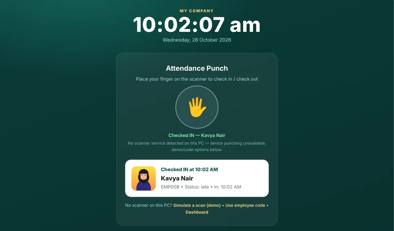 |Punch kiosk showing a successful check-in with the employee photo, name, time and status
