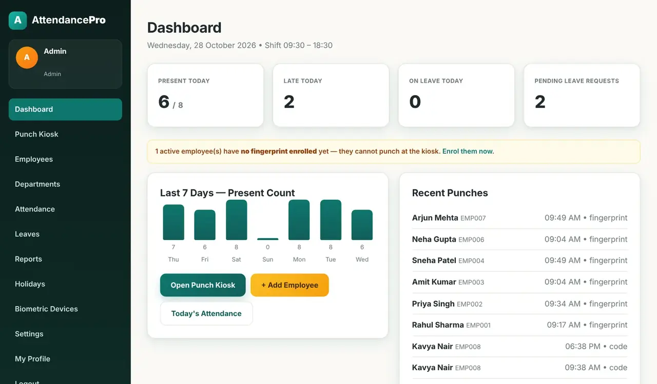 |Attendance dashboard with present, late and on leave counts, a 7-day chart and recent punches