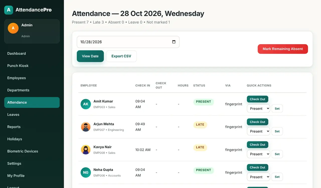 |Daily attendance sheet with check in, check out, hours, status and quick actions