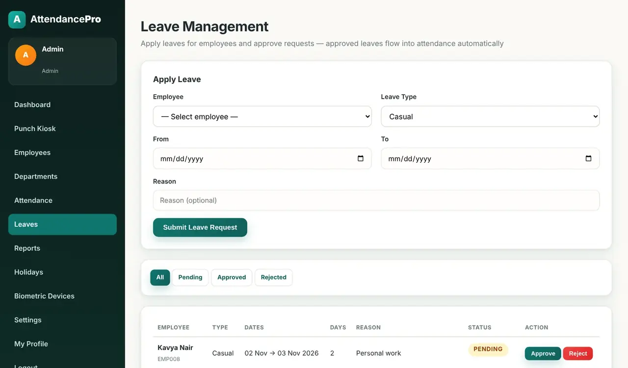 |Leave management page with the apply leave form and pending requests with approve and reject buttons