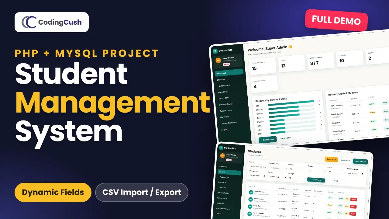 Watch the Student Management System in PHP and MySQL demo video on YouTube