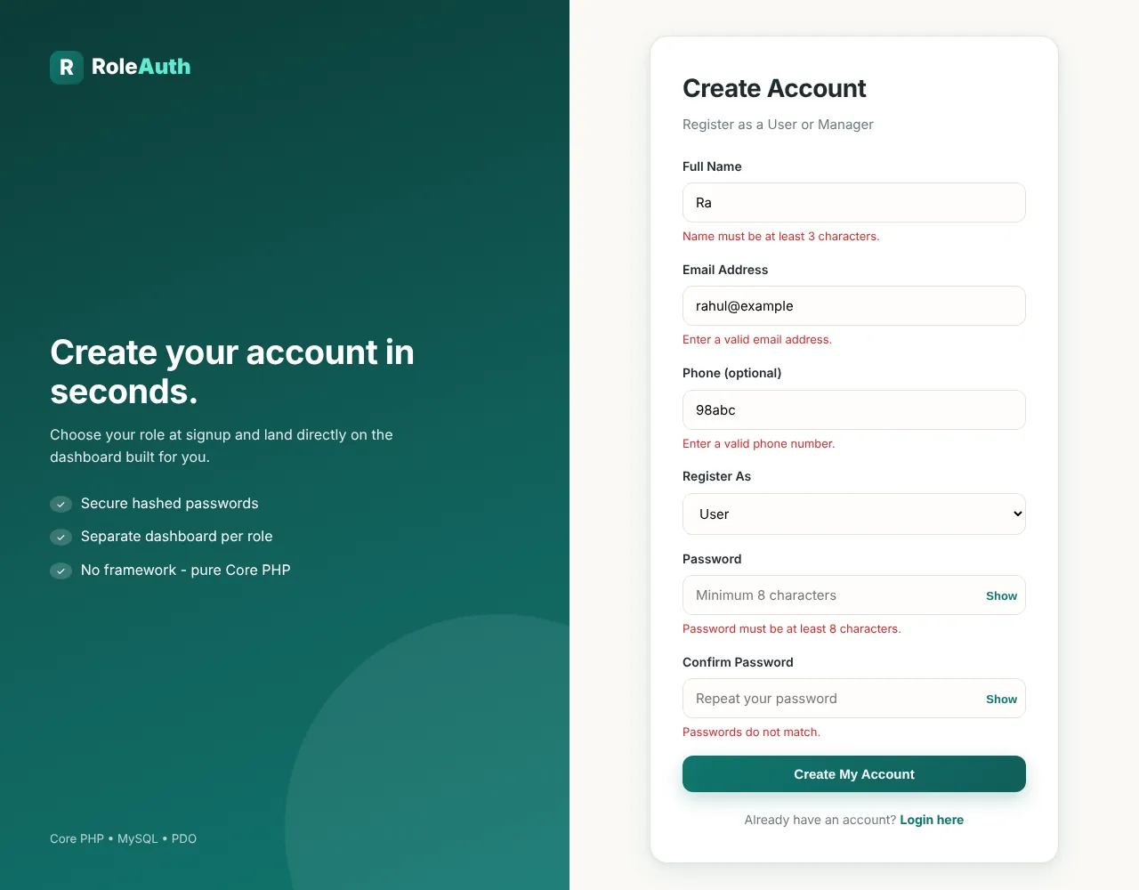 |Registration form showing server-side validation errors for name, email, phone and password