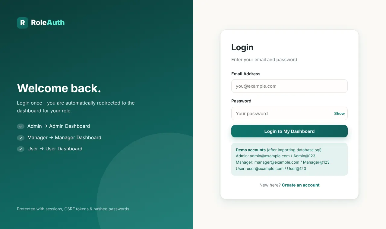 |Login page that redirects Admin, Manager and User to their own dashboard