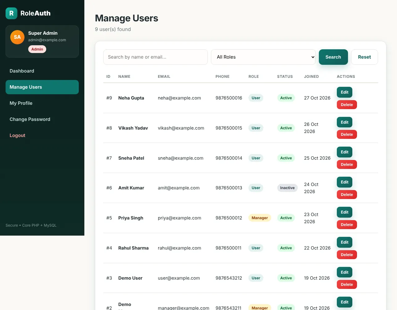 |Manage users page with search, role filter, role and status badges, edit and delete buttons