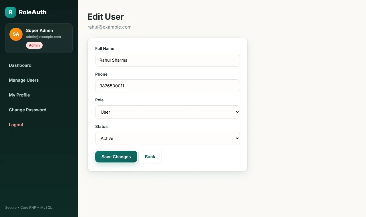 |Admin edit user form to change name, phone, role and active or inactive status