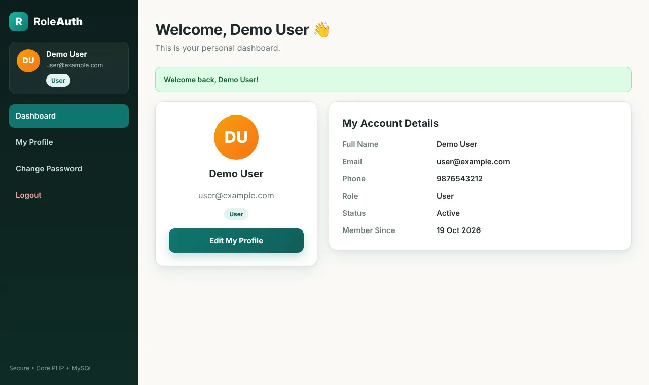 |User dashboard with avatar, role badge and account details
