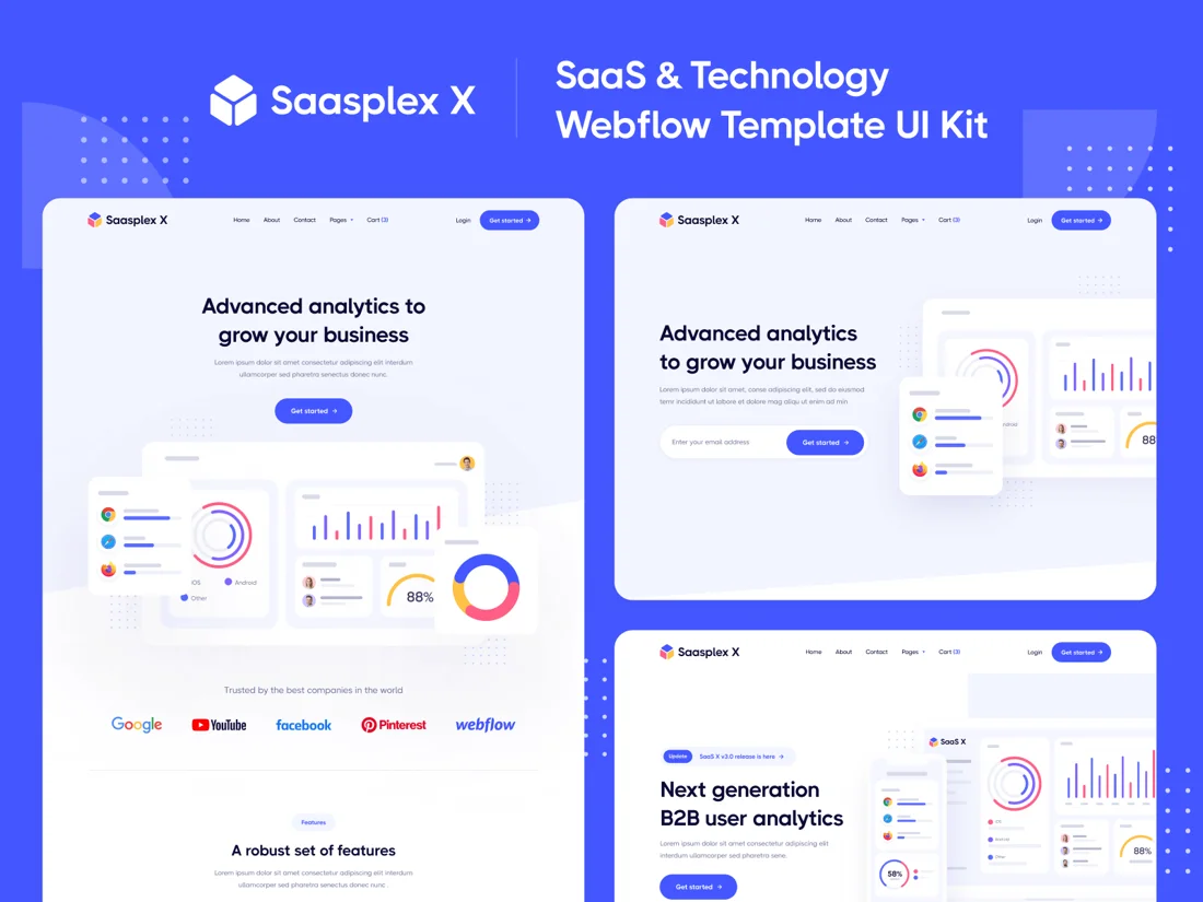 Saasplex X Webflow template homepage designs, shown in the official Webflow Marketplace screenshot