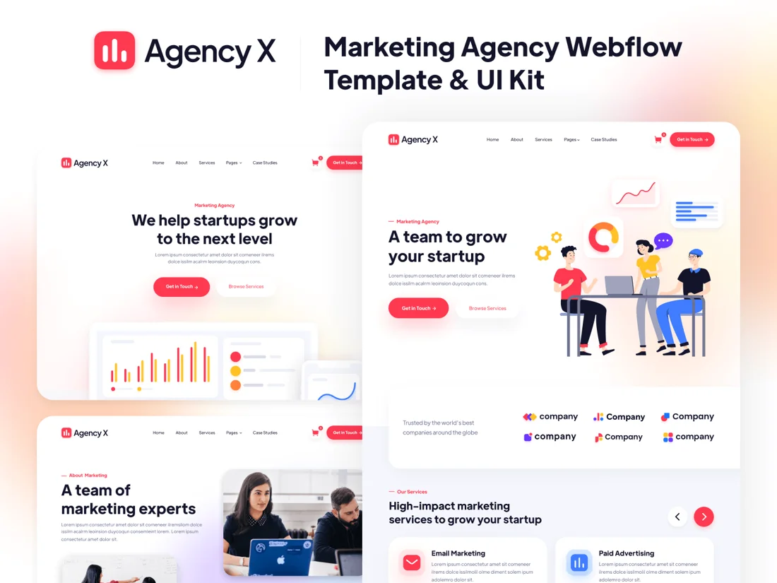 Agency X Webflow template designs for marketing agencies, official Webflow Marketplace screenshot