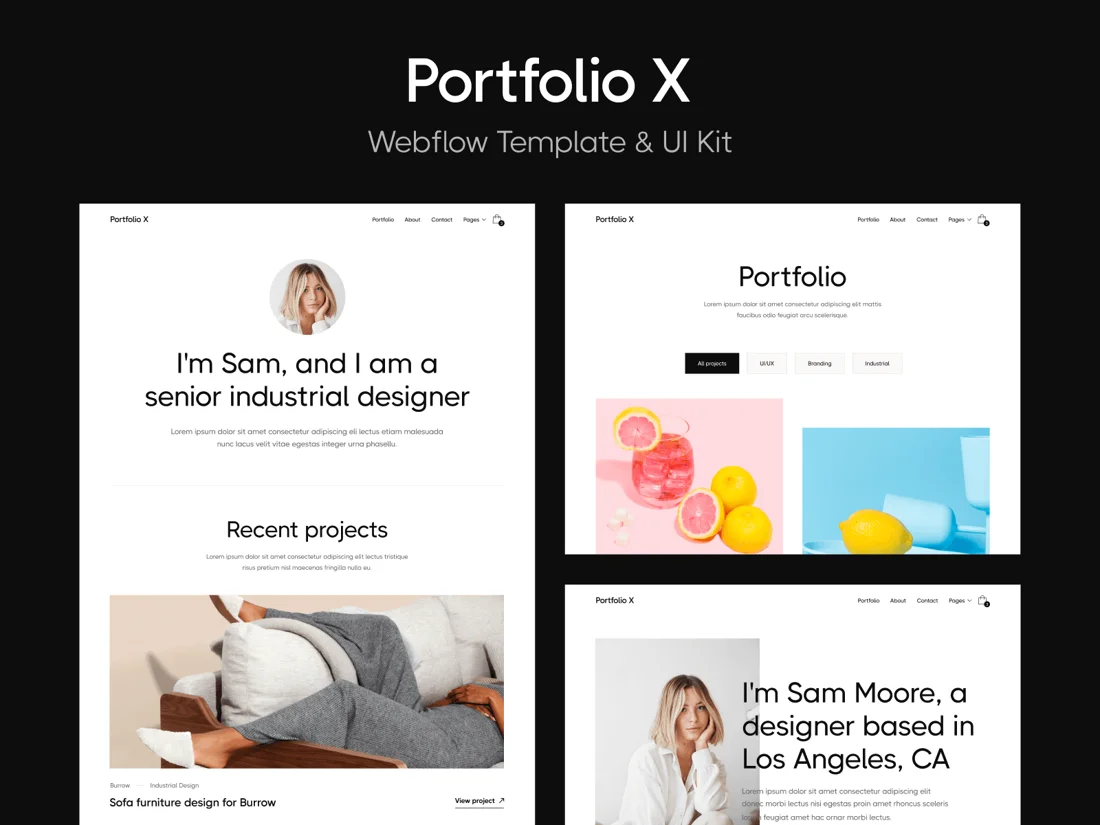 Portfolio X Webflow template and UI kit designs, official Webflow Marketplace screenshot