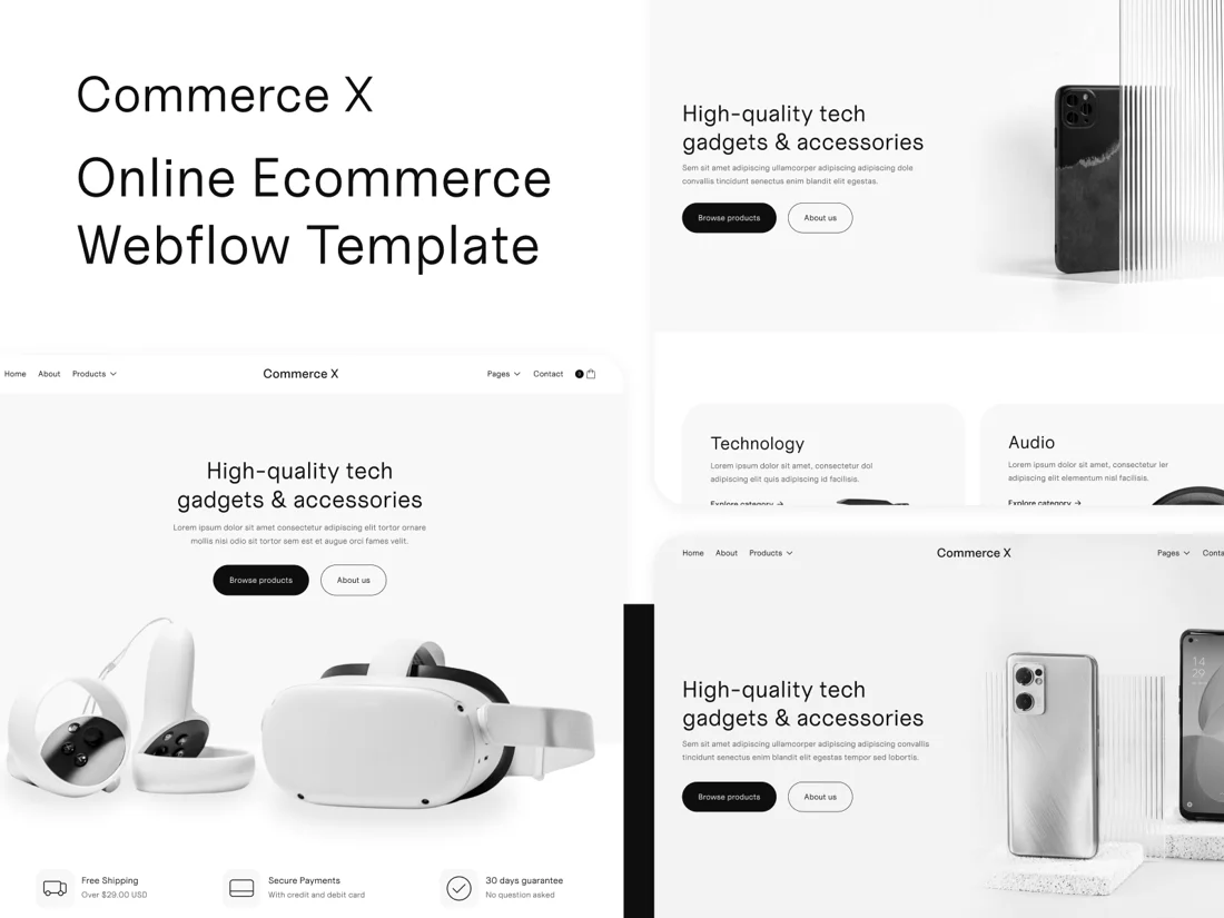 Commerce X ecommerce Webflow template store designs, official Webflow Marketplace screenshot