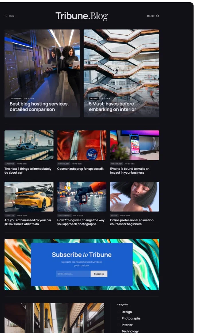 Tribune Blog Webflow template dark magazine homepage design, official Webflow Marketplace screenshot