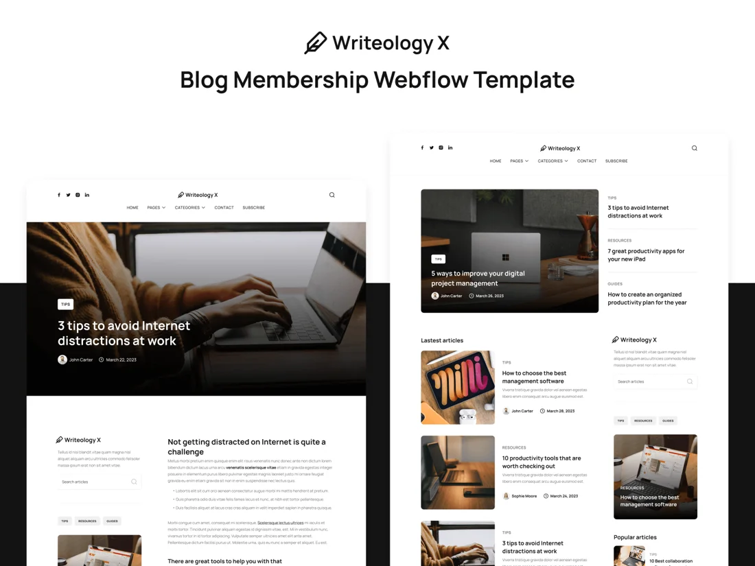 Writeology X free blog Webflow template with memberships, official Webflow Marketplace screenshot