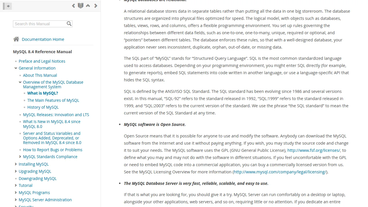 MySQL Reference Manual page answering What is MySQL