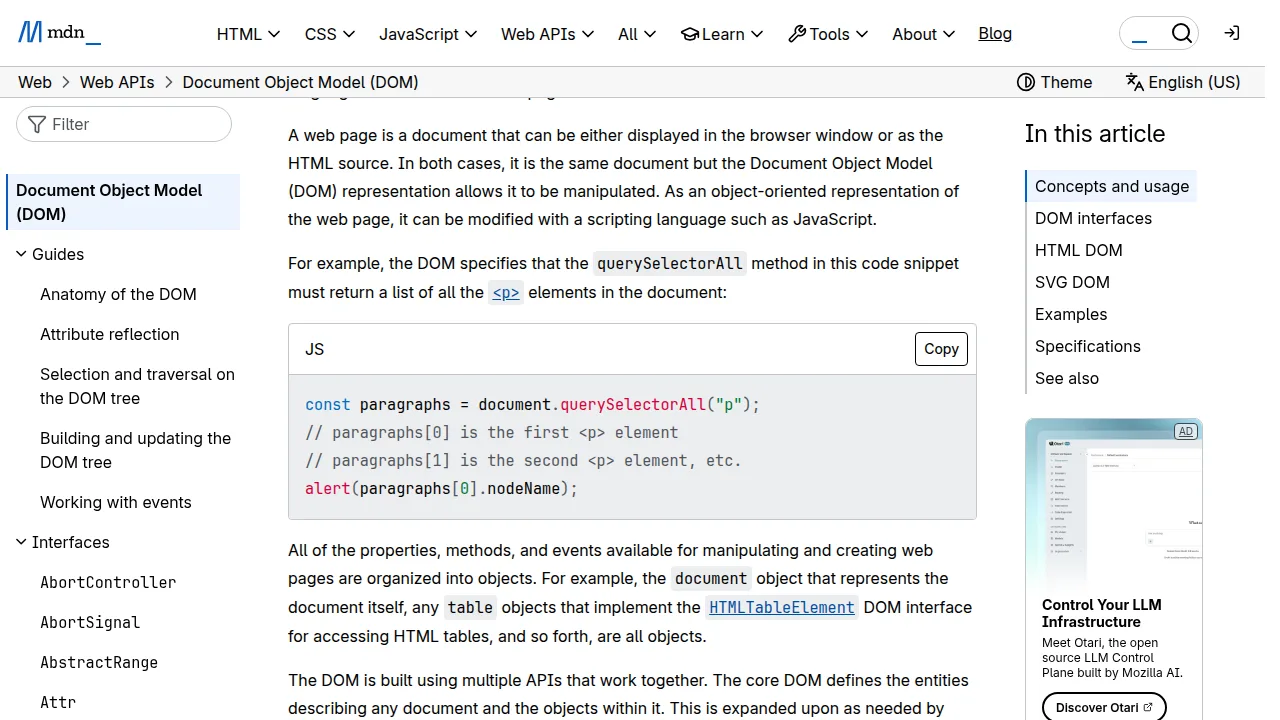 MDN DOM introduction page — a real screenshot showing how the browser represents a page as objects