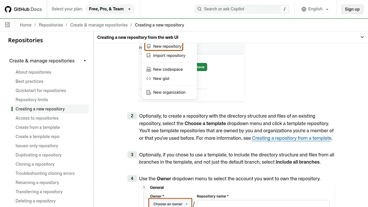 GitHub Docs page on creating a new repository — a real screenshot showing the repository creation steps