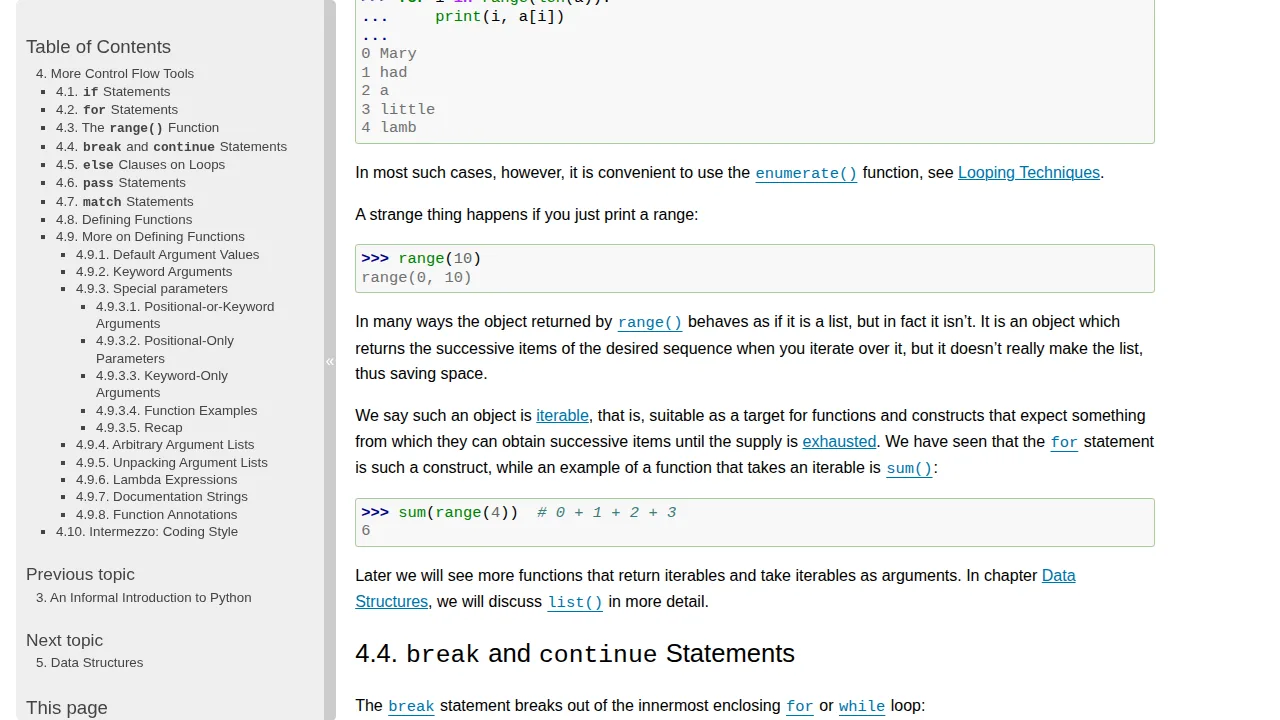 Python documentation on defining functions — a real screenshot from docs.python.org showing def examples