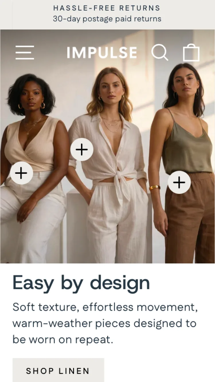 Impulse theme preview screenshot from the official Shopify Theme Store, showing a fashion storefront