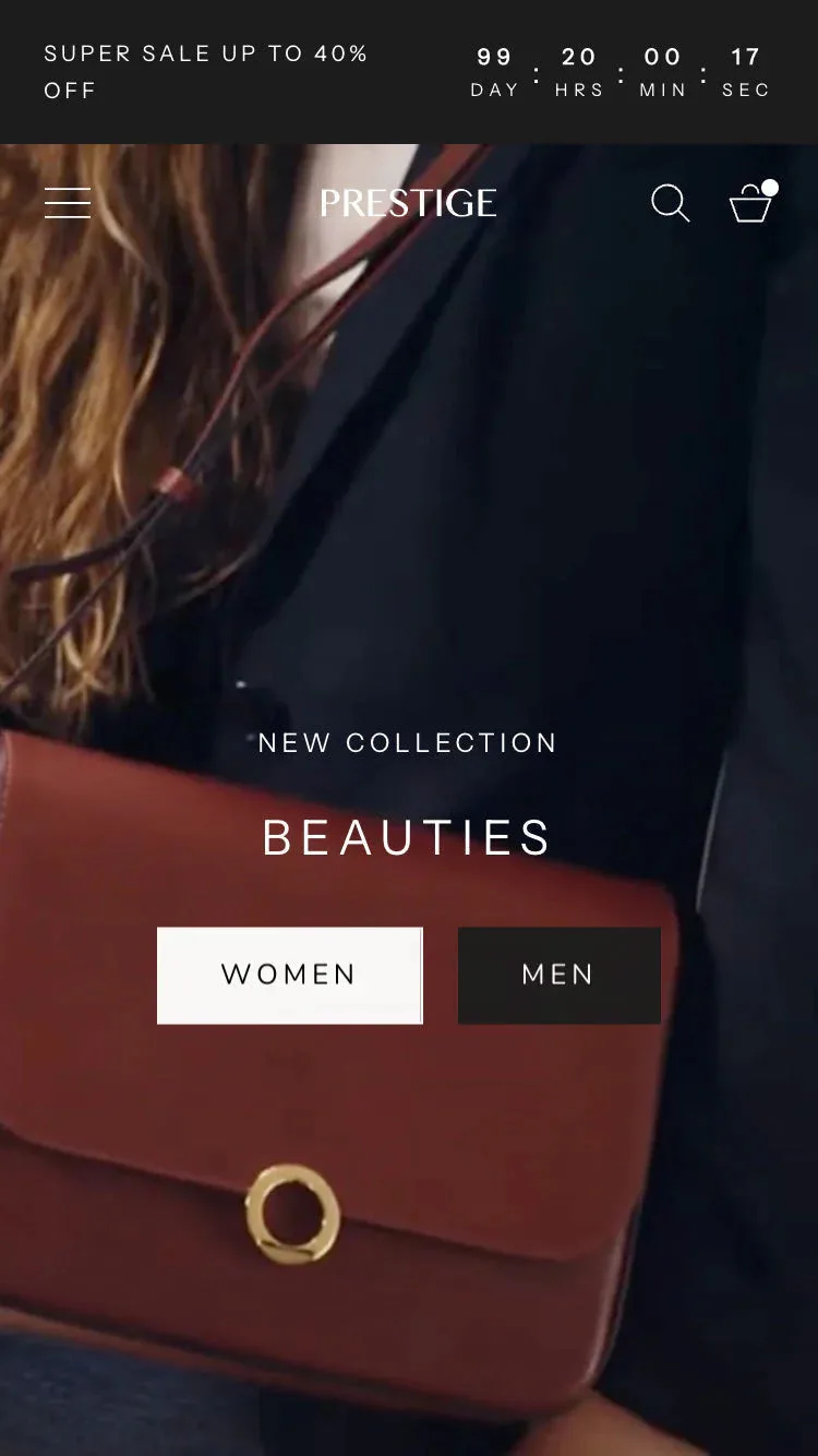 Prestige theme preview screenshot from the official Shopify Theme Store, showing an elegant storefront design