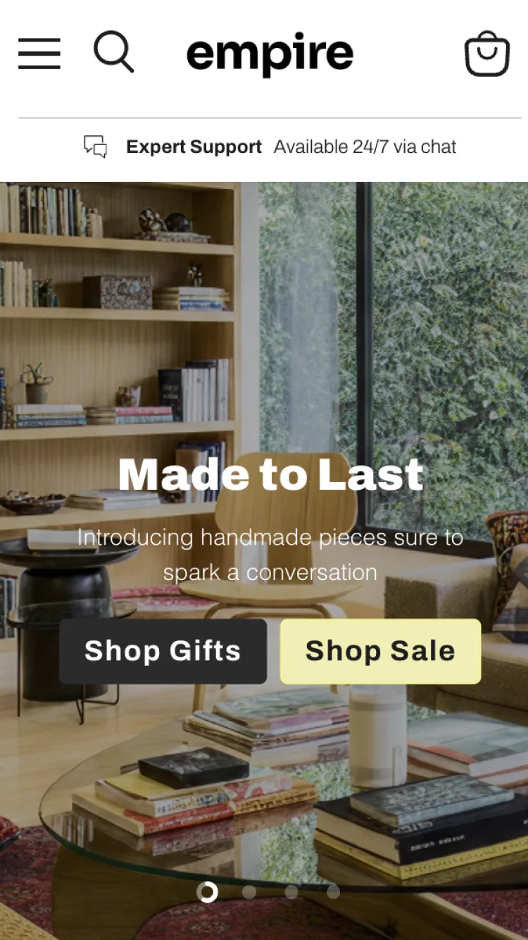 Empire theme preview screenshot from the official Shopify Theme Store, showing a catalogue-style storefront