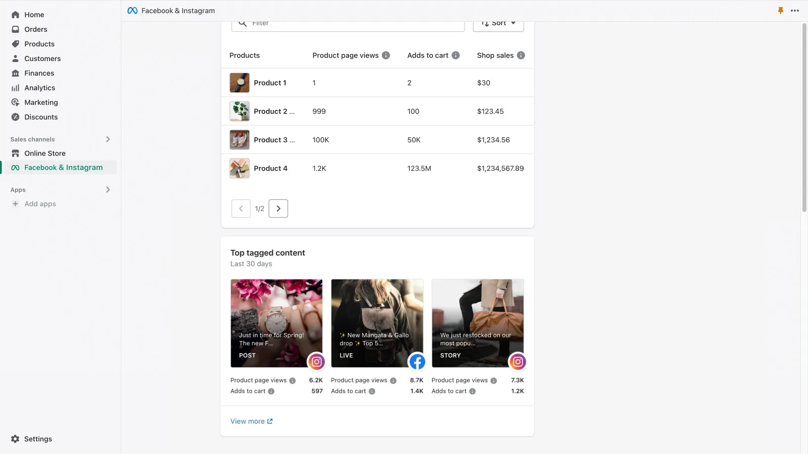 Facebook and Instagram app shown in its official Shopify App Store listing screenshot