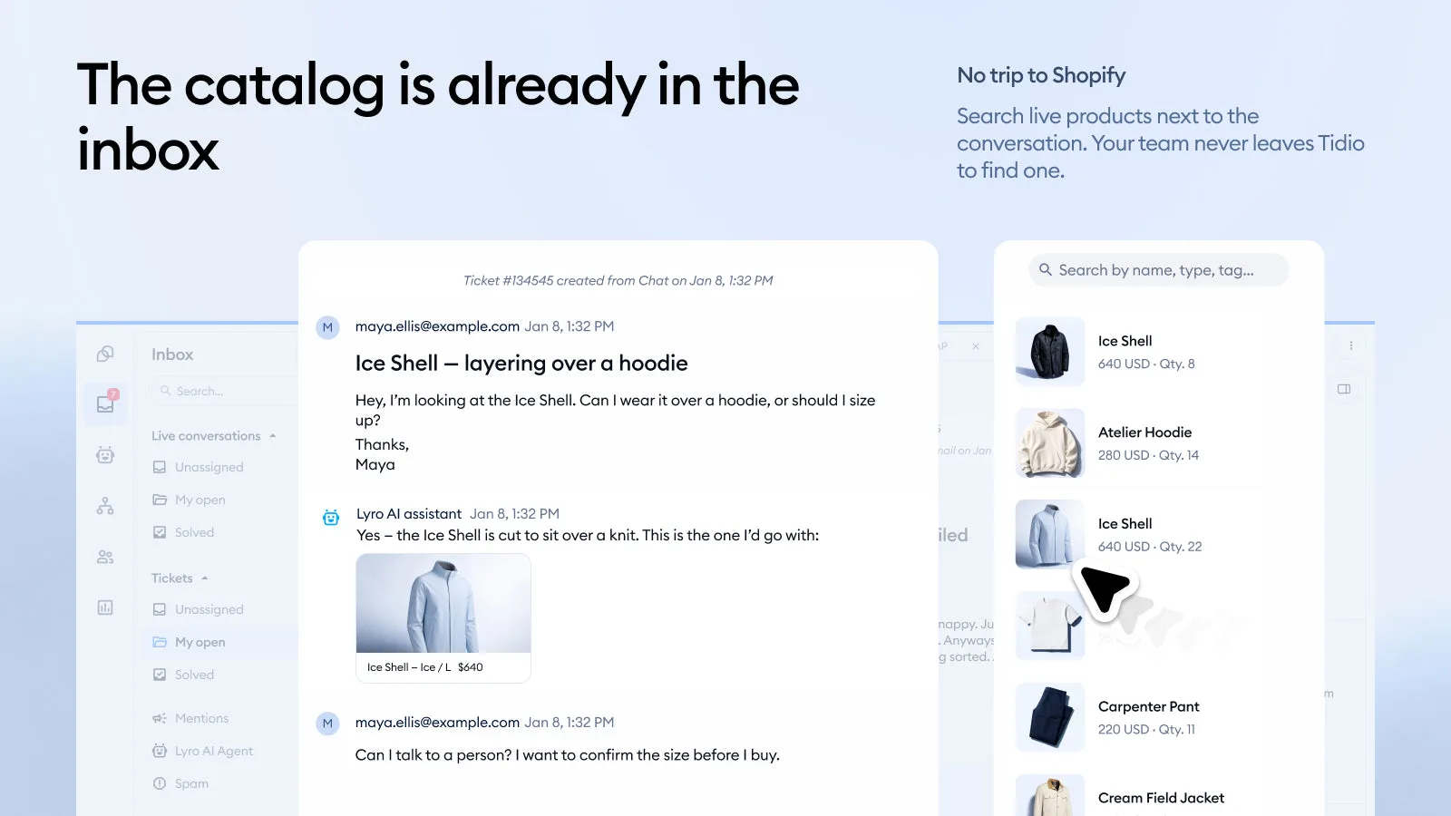 Tidio live chat and AI chatbot shown in its official Shopify App Store listing screenshot