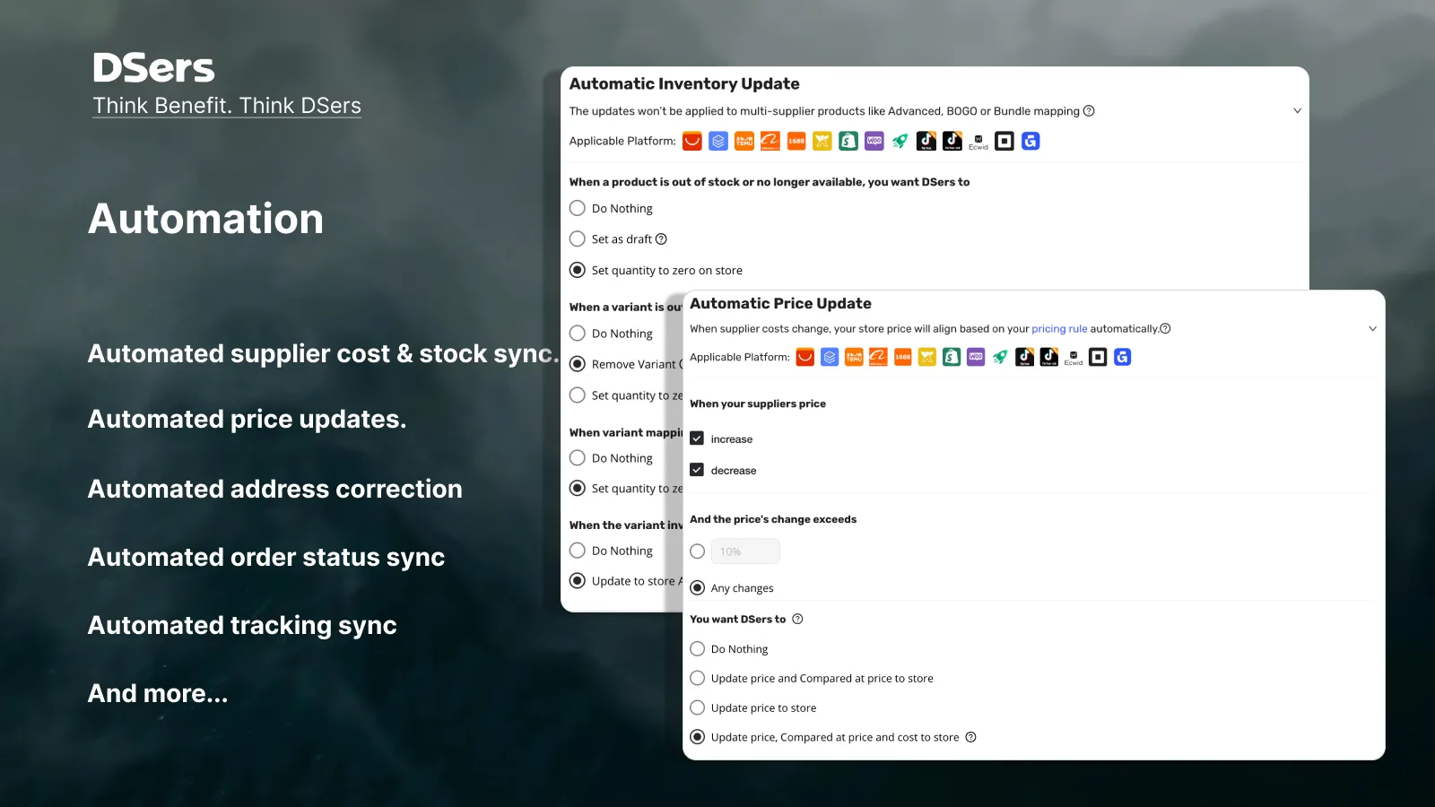 DSers dropshipping dashboard shown in its official Shopify App Store listing screenshot