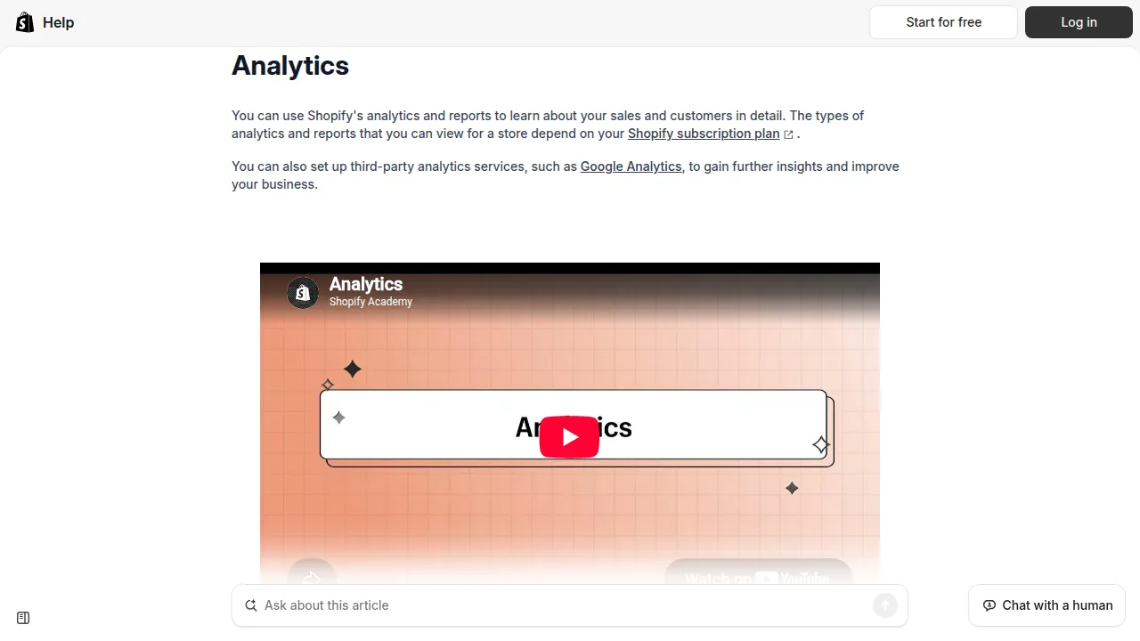 Shopify Help Center reports and analytics page — where store owners check sessions and conversion