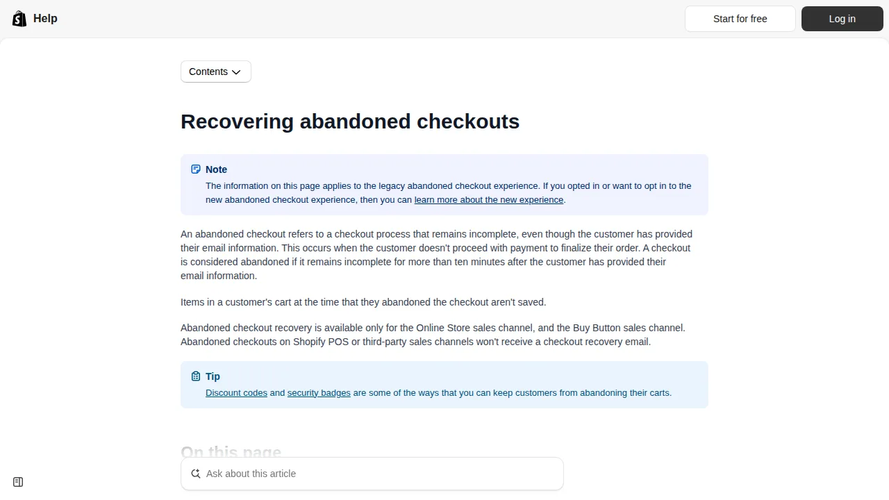 Shopify Help Center page about abandoned checkouts — a real screenshot of Shopify's official documentation