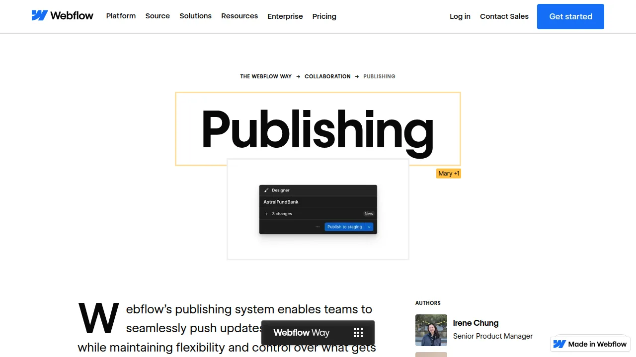 Screenshot of Webflow's official Webflow Way guide to Publishing, showing the Designer publish panel