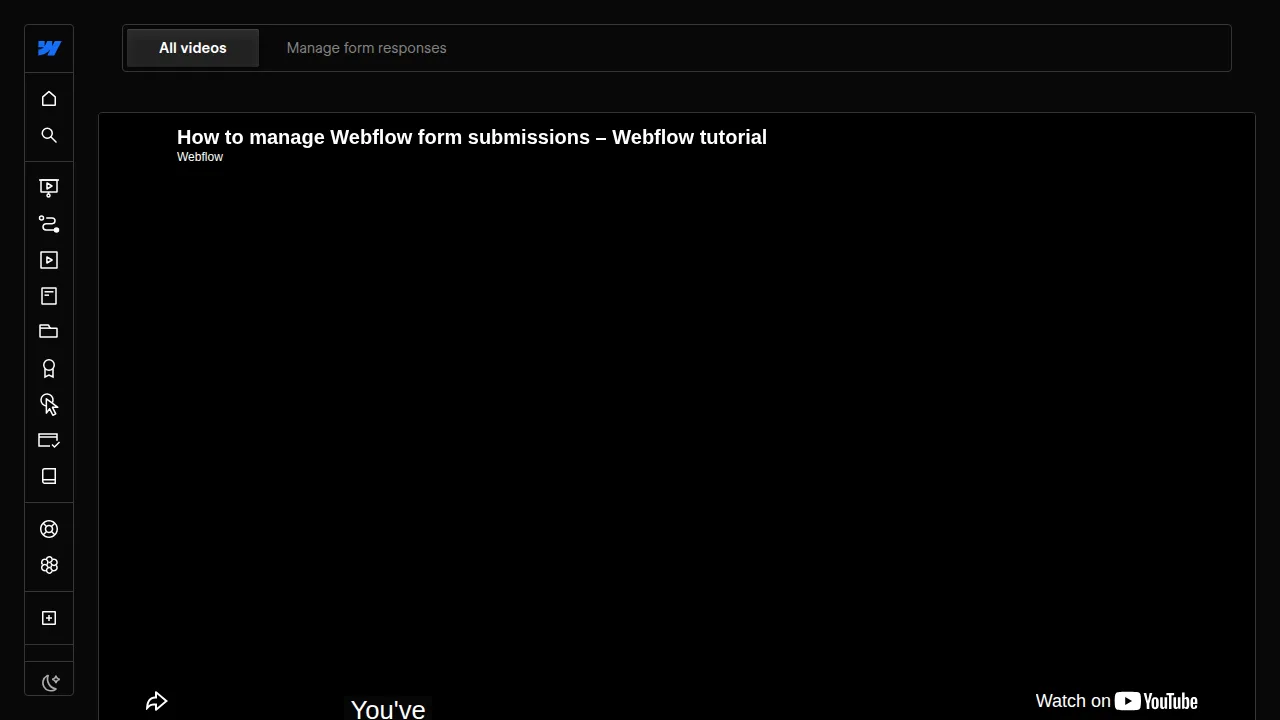 Screenshot of the Webflow University video lesson page on managing form responses